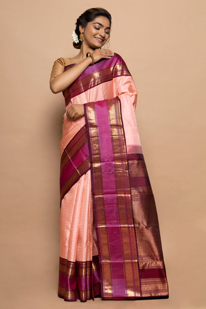Kanchipuram Silk Checks Peach Saree