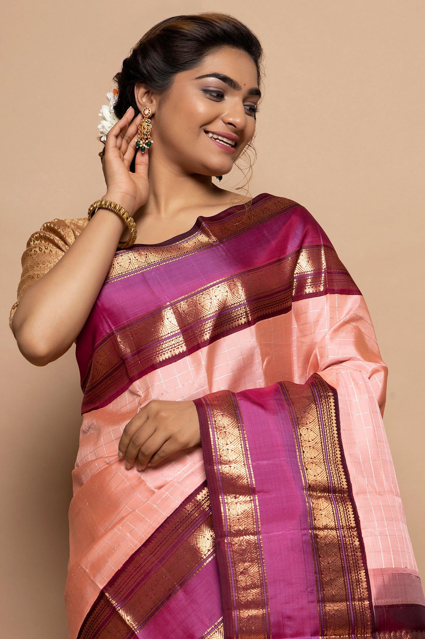 Kanchipuram Silk Checks Peach Saree