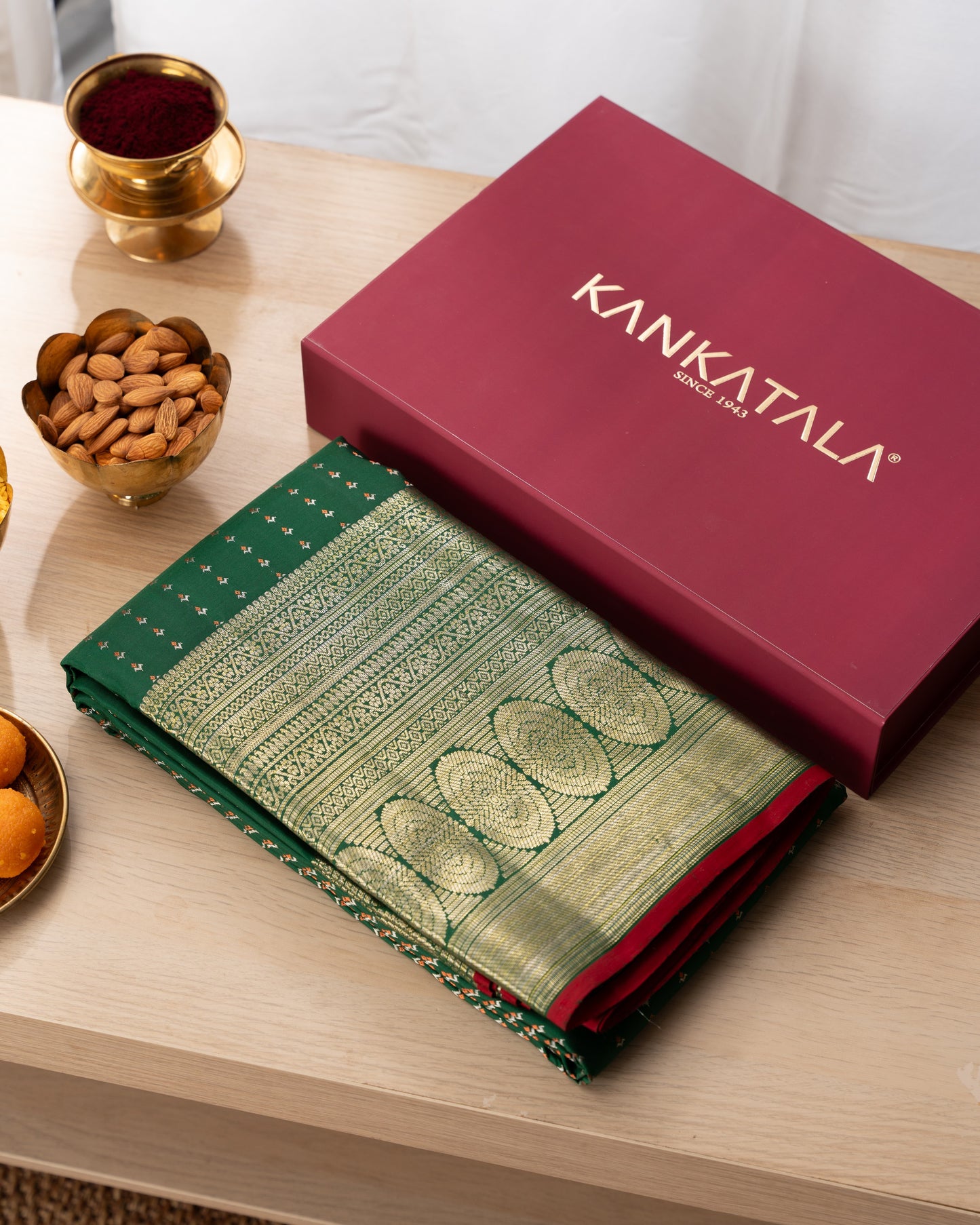 Kanchipuram Silk Brocade Green Saree With Rakhi and Gift Box