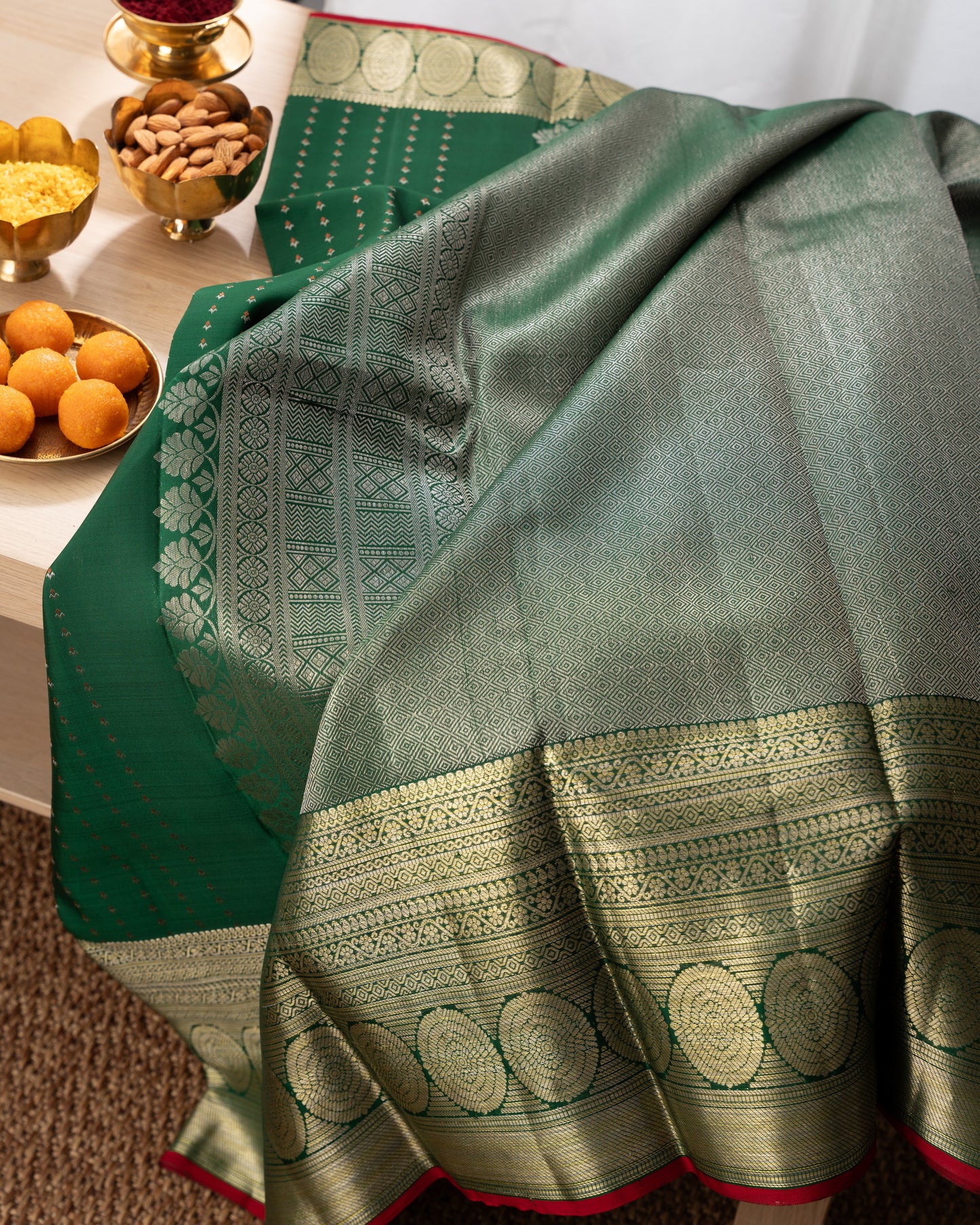 Kanchipuram Silk Brocade Green Saree With Rakhi and Gift Box