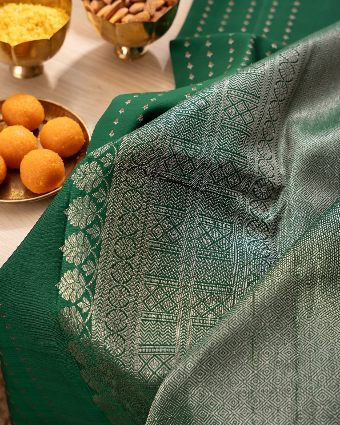 Kanchipuram Silk Brocade Green Saree With Rakhi and Gift Box