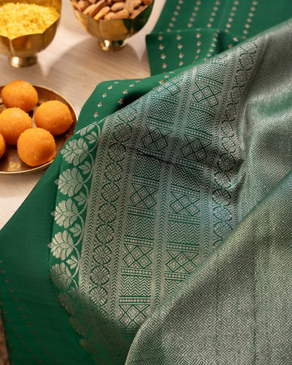 Kanchipuram Silk Brocade Green Saree With Rakhi and Gift Box