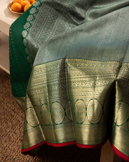 Kanchipuram Silk Brocade Green Saree With Rakhi and Gift Box