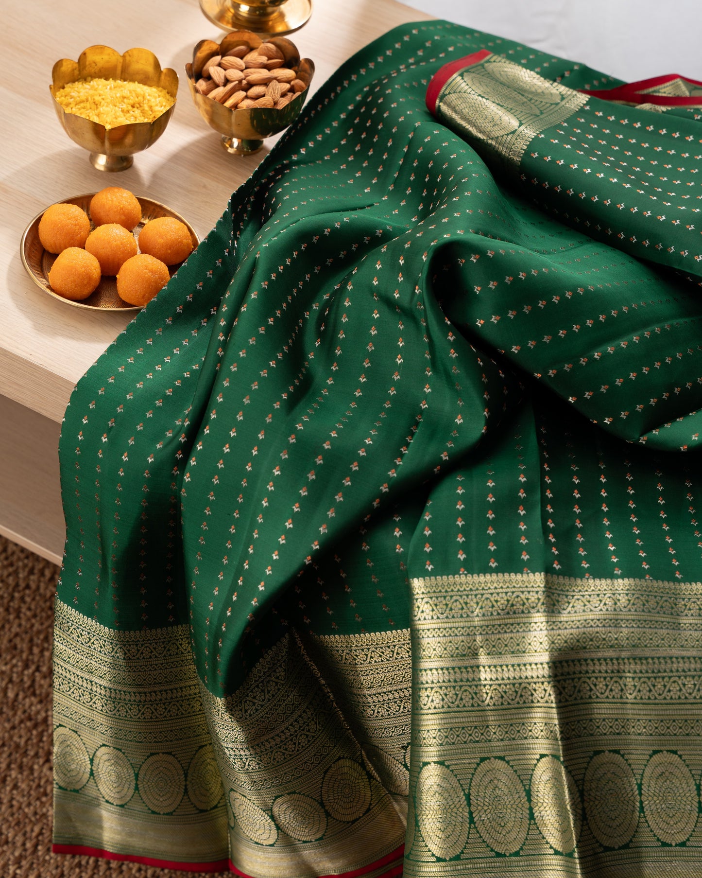 Kanchipuram Silk Brocade Green Saree With Rakhi and Gift Box