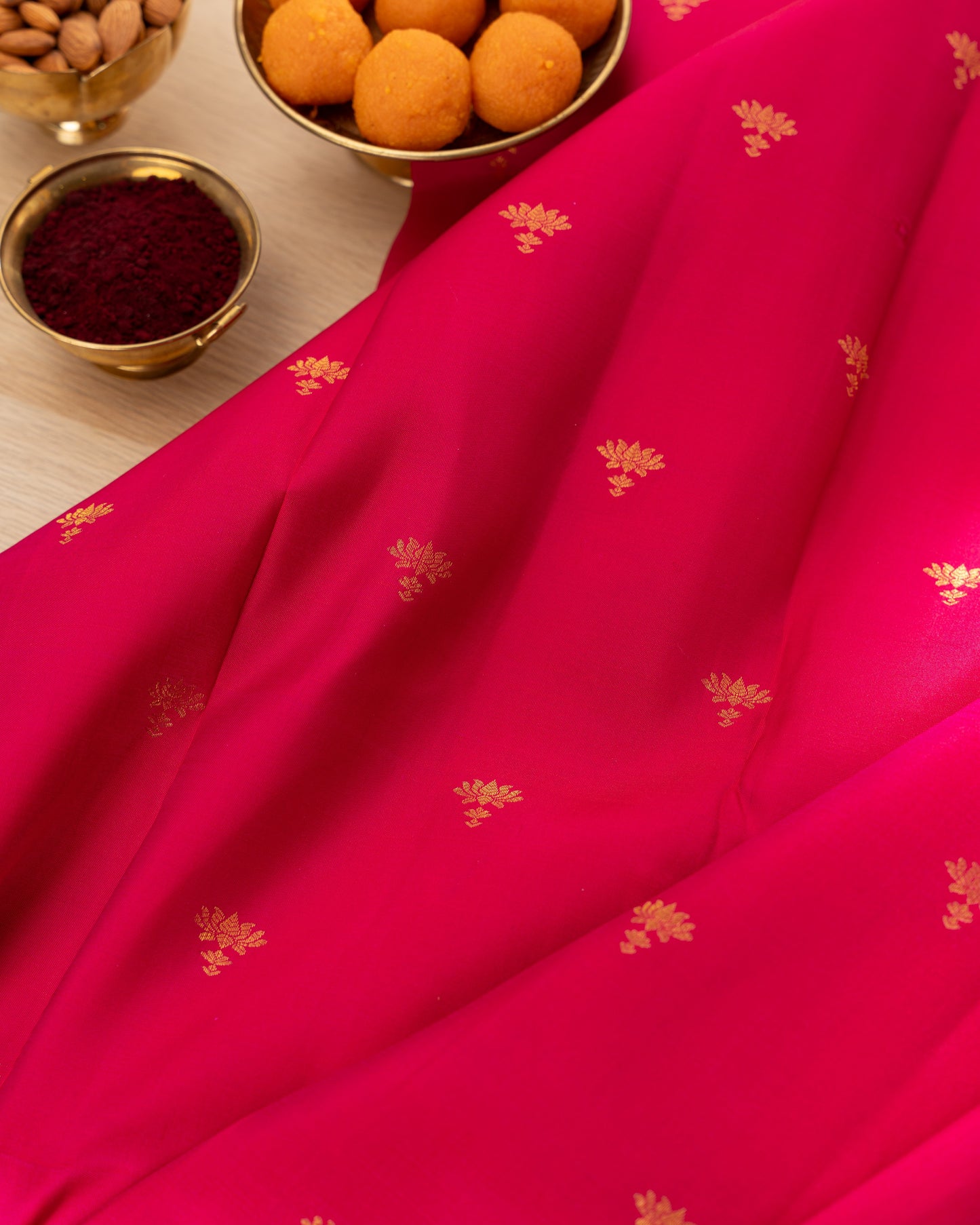 Kanchipuram Silk Lotus Butta Pink Saree With Rakhi and Gift Box