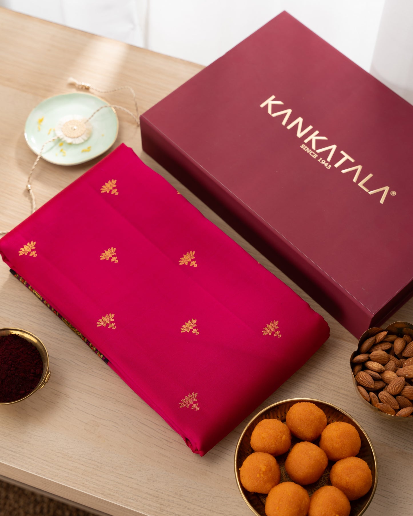 Kanchipuram Silk Lotus Butta Pink Saree With Rakhi and Gift Box