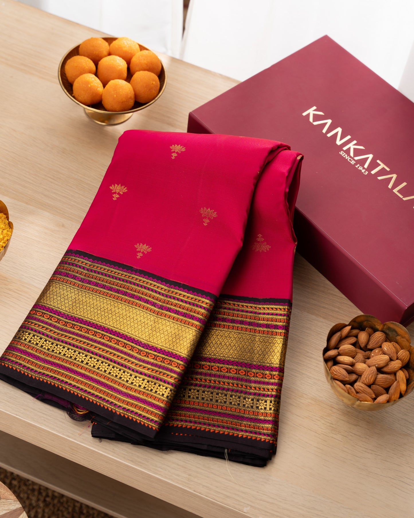 Kanchipuram Silk Lotus Butta Pink Saree With Rakhi and Gift Box