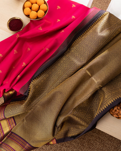 Kanchipuram Silk Lotus Butta Pink Saree With Rakhi and Gift Box