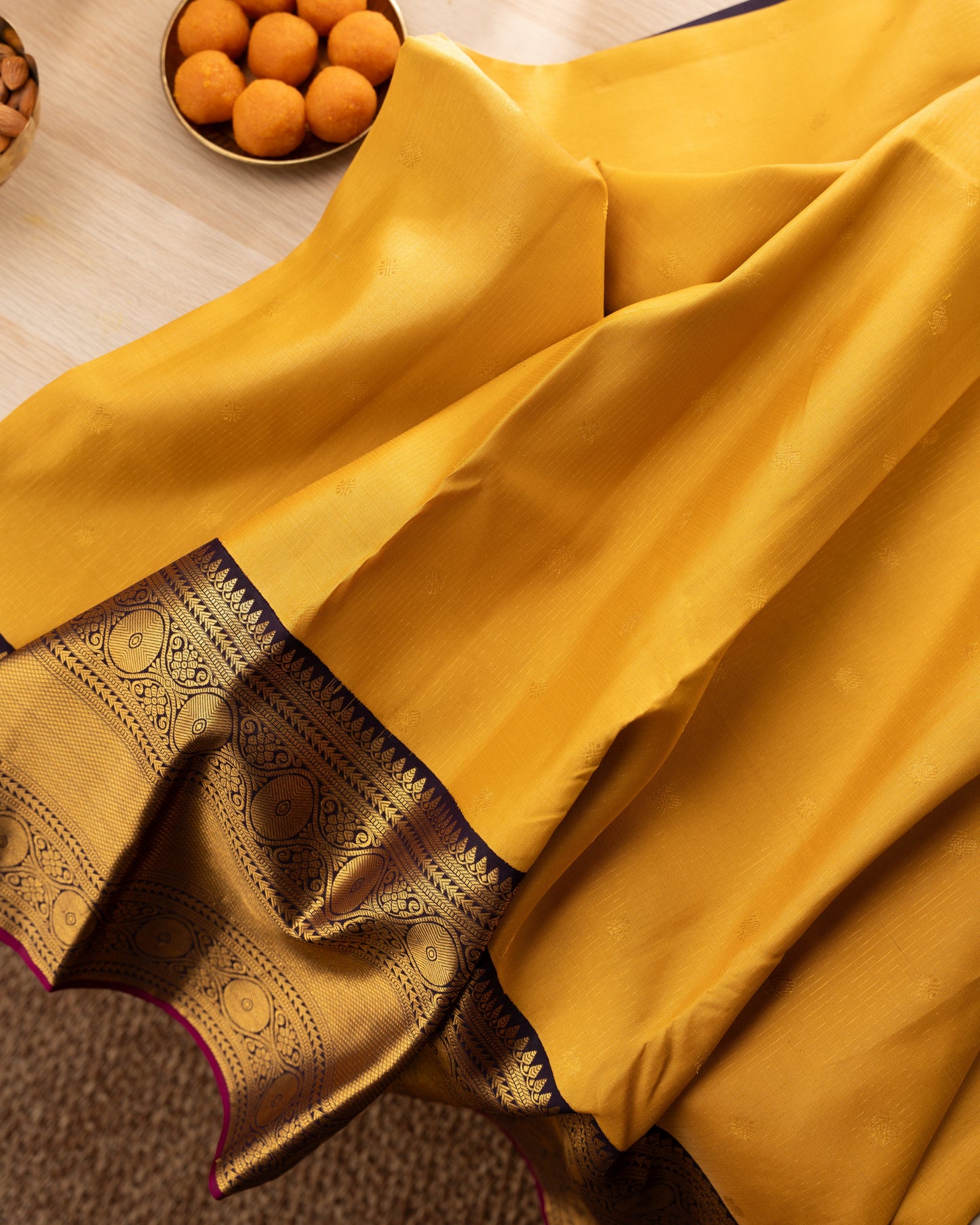 Kanchipuram Silk Lines And Butta Yellow Saree With Rakhi and Gift Box