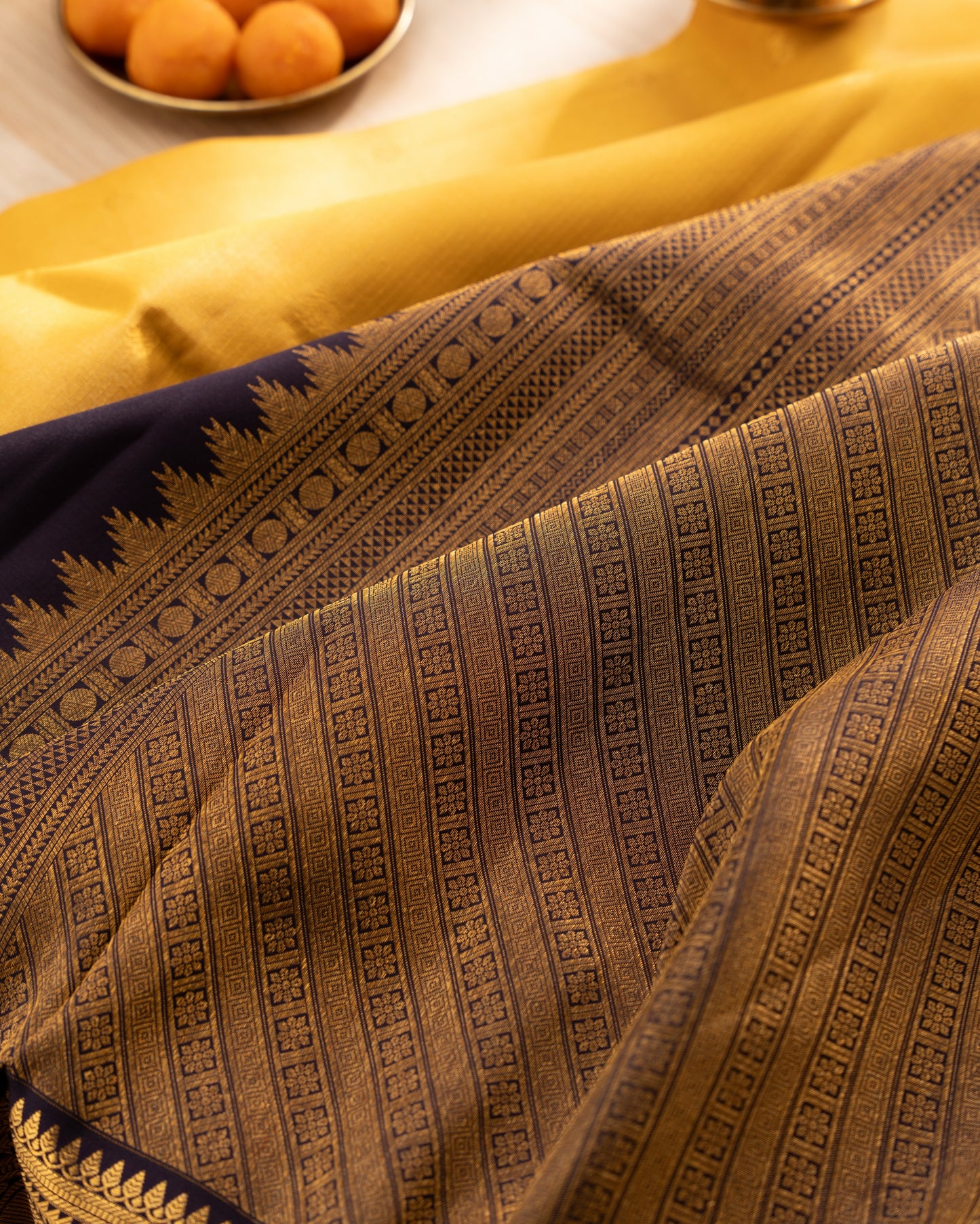 Kanchipuram Silk Lines And Butta Yellow Saree With Rakhi and Gift Box
