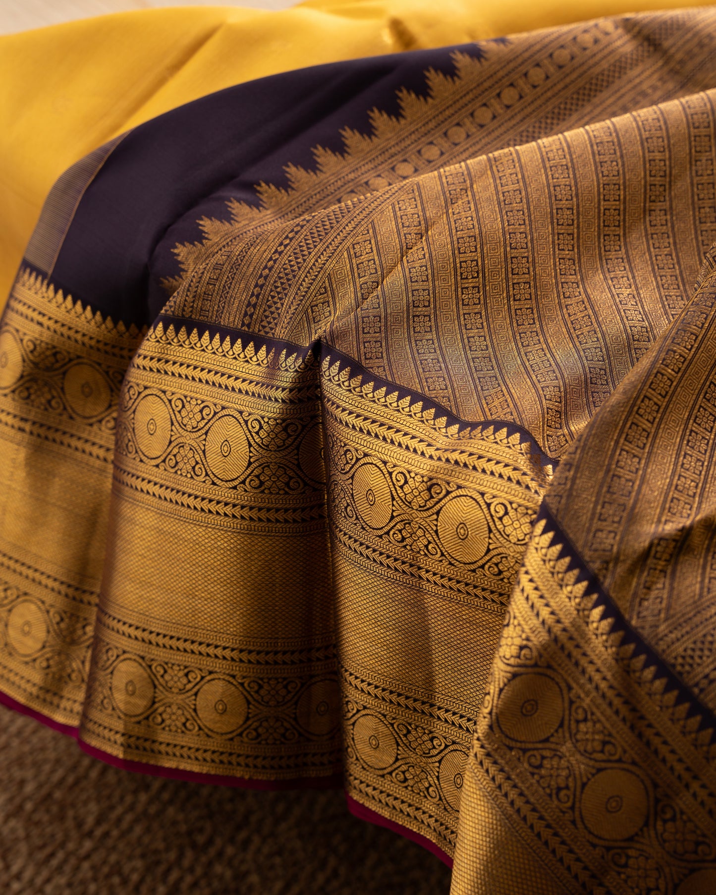 Kanchipuram Silk Lines And Butta Yellow Saree With Rakhi and Gift Box