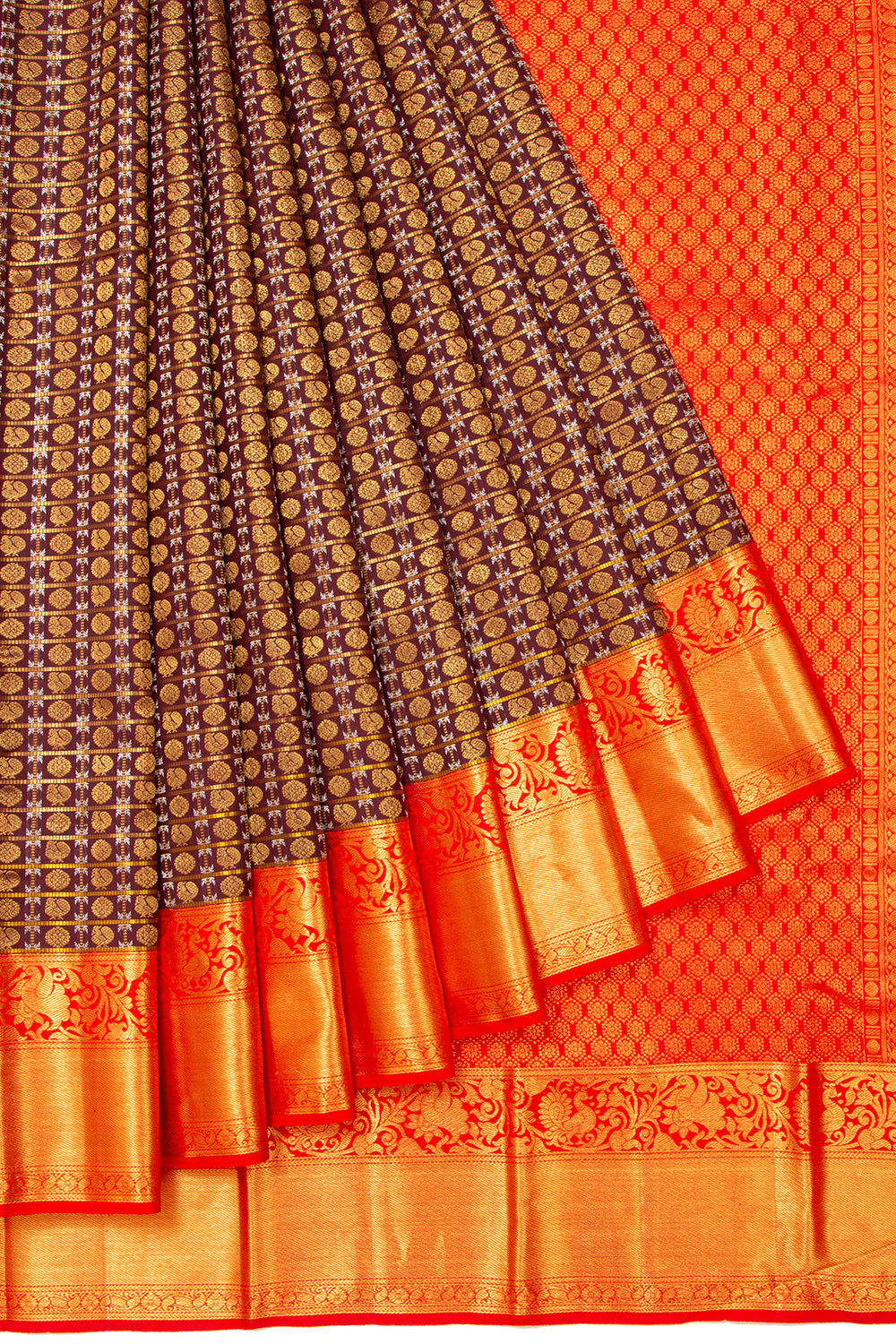 Kanchipuram Silk Checks And Butta Brown Saree
