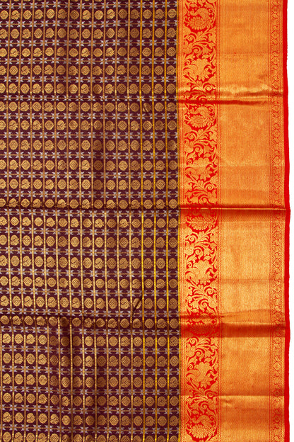 Kanchipuram Silk Checks And Butta Brown Saree
