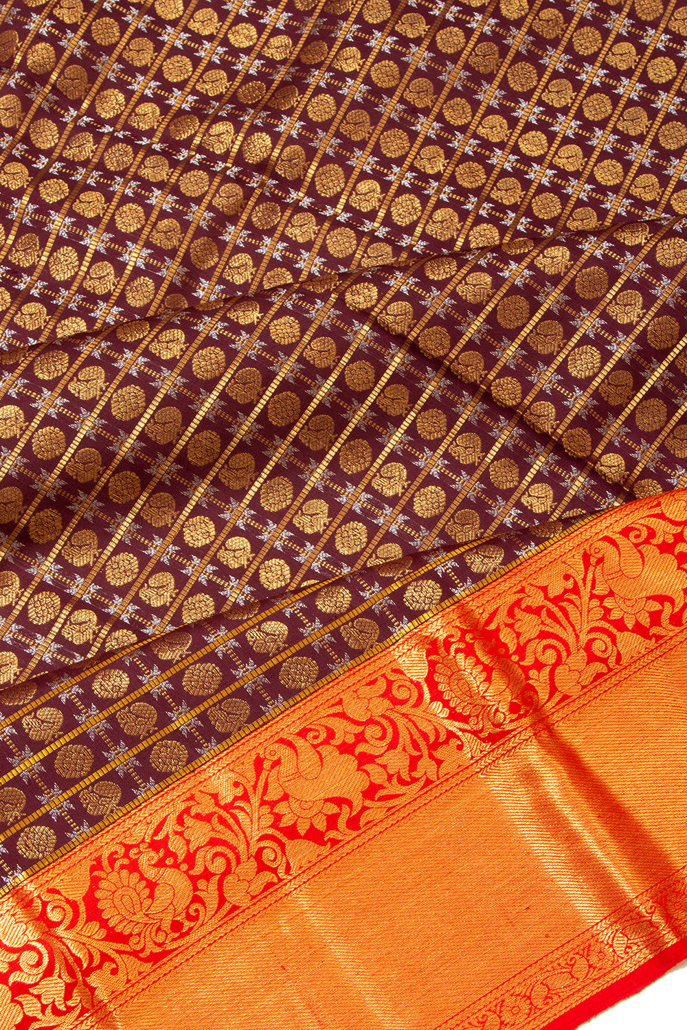 Kanchipuram Silk Checks And Butta Brown Saree