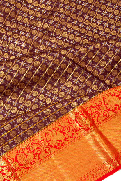 Kanchipuram Silk Checks And Butta Brown Saree