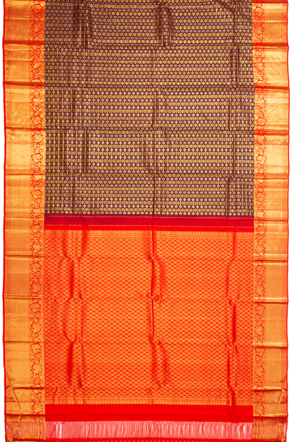 Kanchipuram Silk Checks And Butta Brown Saree