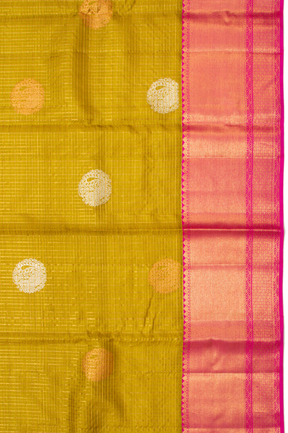 Kanchipuram Silk Checks And Butta Mehendi Green Saree