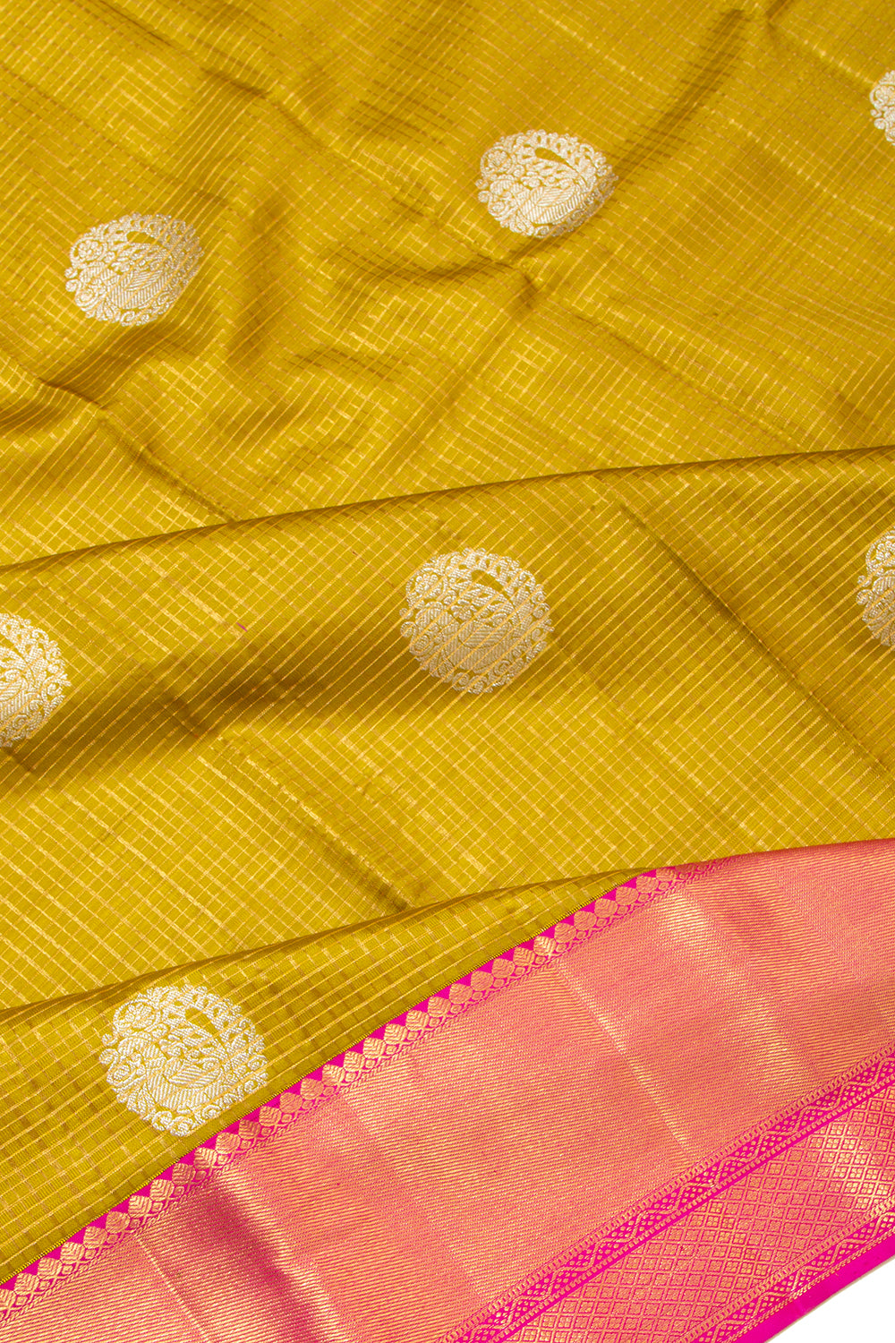 Kanchipuram Silk Checks And Butta Mehendi Green Saree