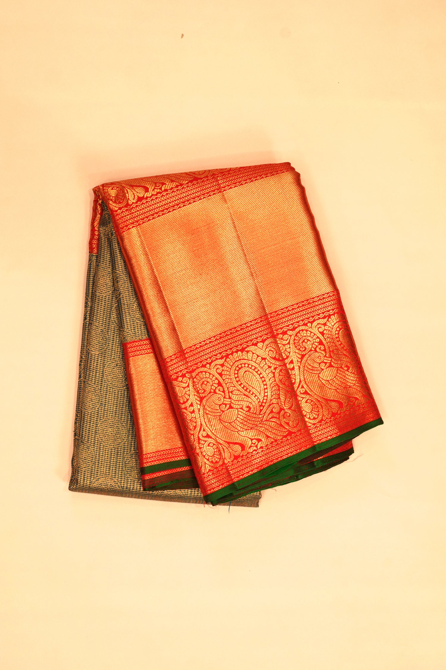 Kanchipuram Silk Checks And Butta Dark Green Saree