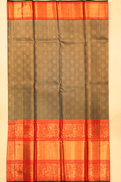 Kanchipuram Silk Checks And Butta Dark Green Saree