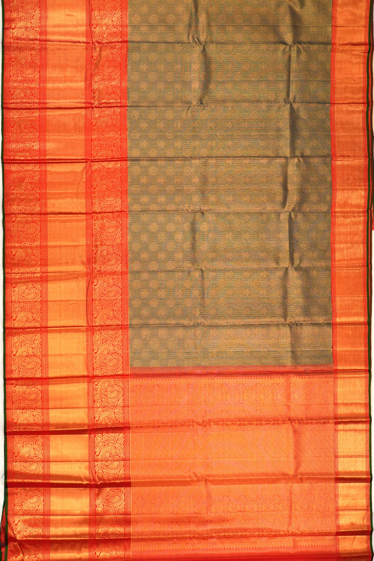 Kanchipuram Silk Checks And Butta Dark Green Saree