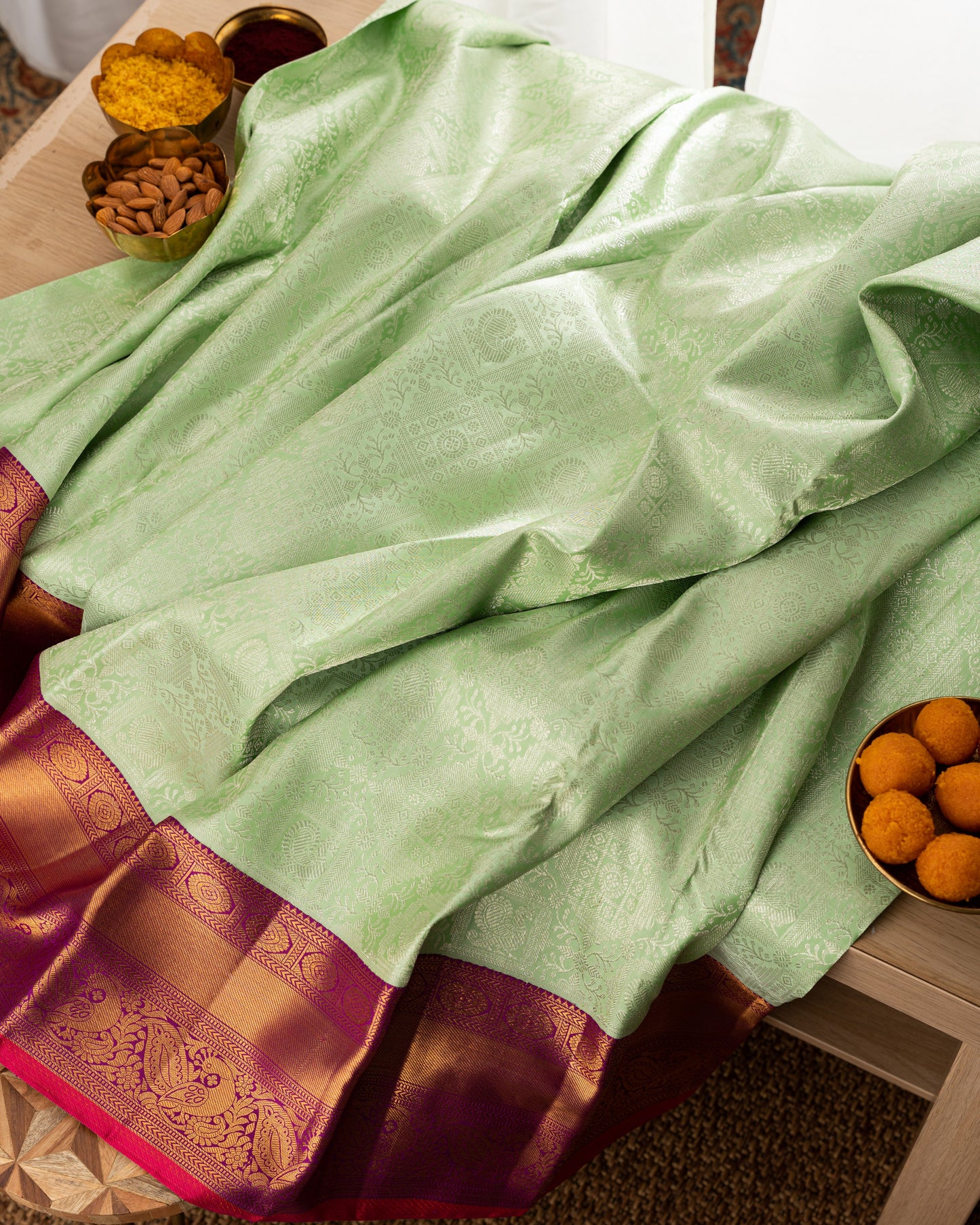 Kanchipuram Silk Brocade Green Saree With Rakhi And Gift Box
