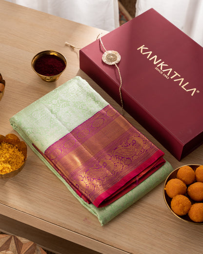 Kanchipuram Silk Brocade Green Saree With Rakhi And Gift Box