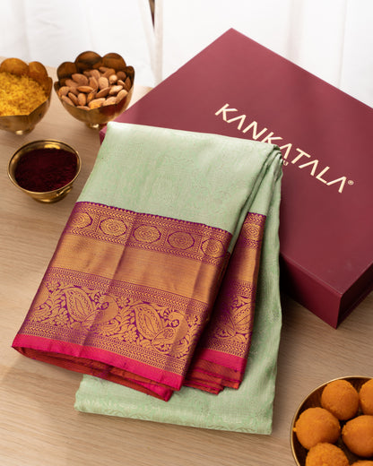 Kanchipuram Silk Brocade Green Saree With Rakhi And Gift Box