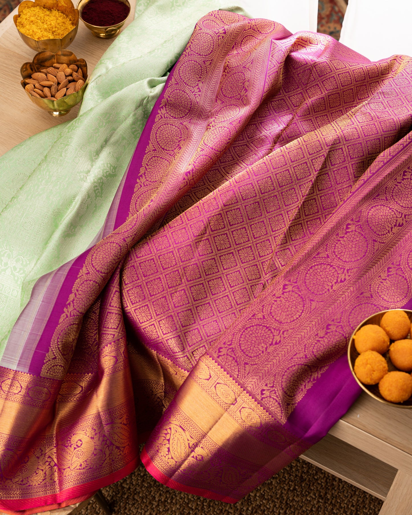 Kanchipuram Silk Brocade Green Saree With Rakhi And Gift Box