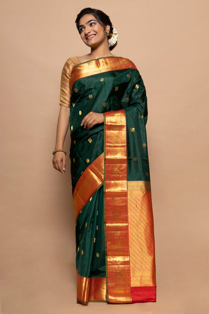 Kanchipuram Silk Butta Bottle Green Saree
