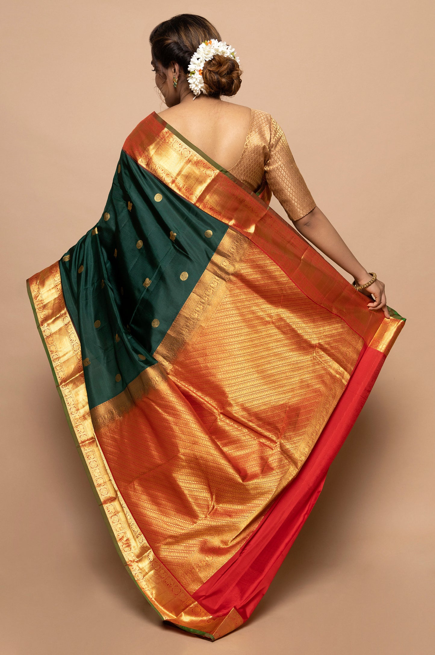 Kanchipuram Silk Butta Bottle Green Saree