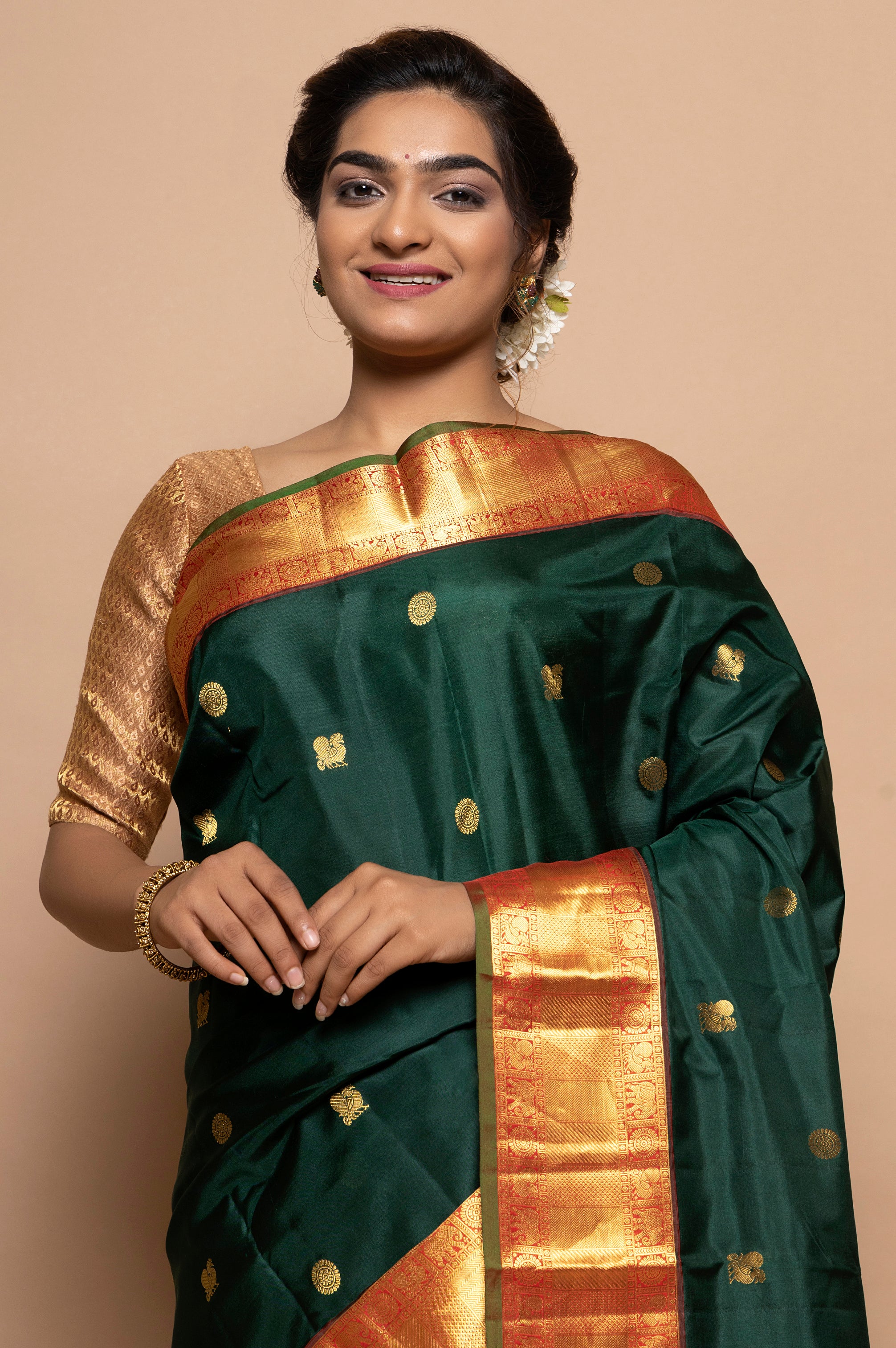 Kanchipuram Silk Butta Bottle Green Saree