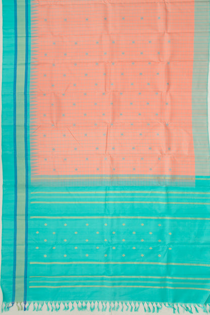 Kanchipuram Silk Checks And Butta Pastel Orange Saree