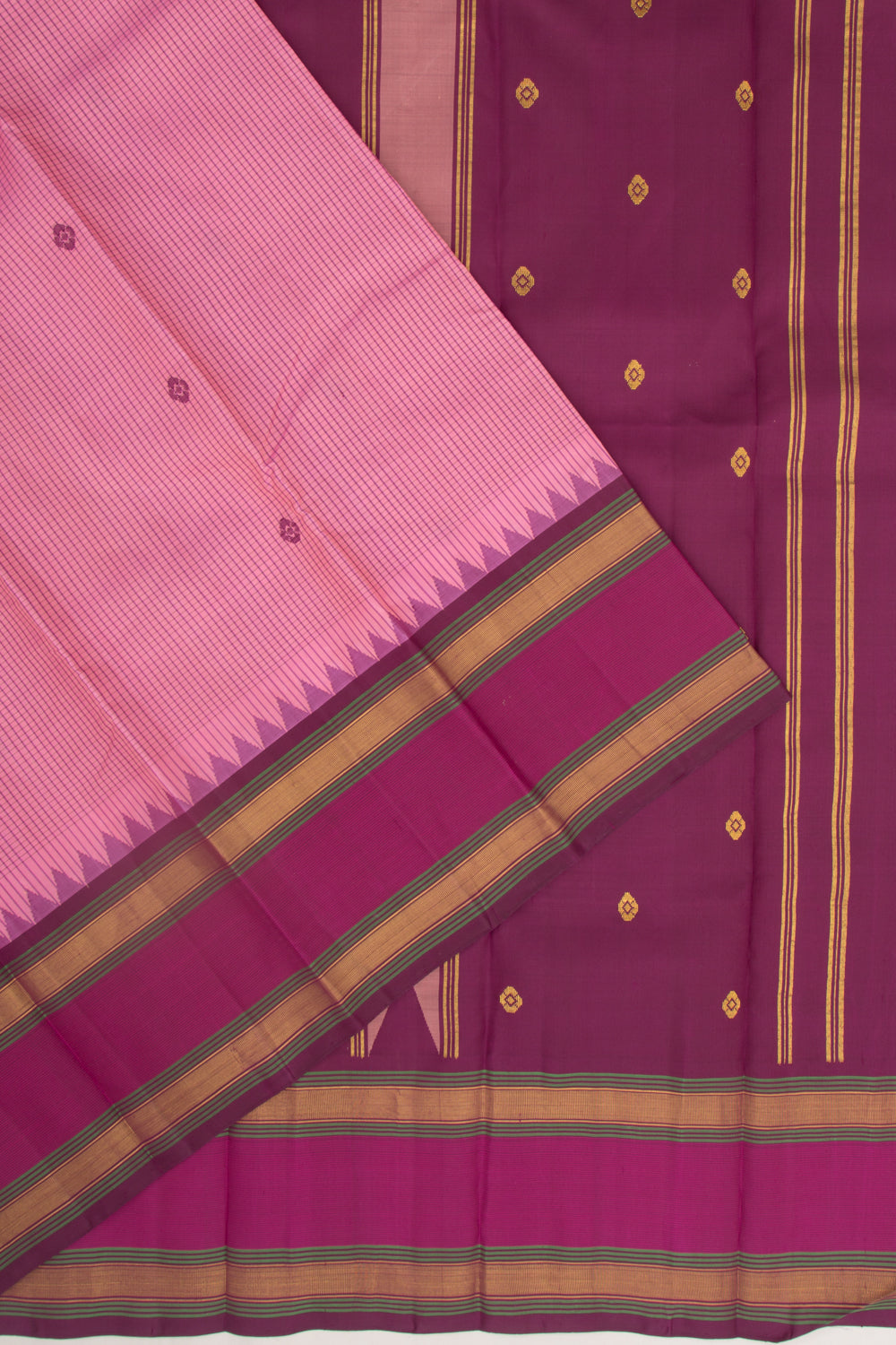 Kanchipuram Silk Checks And Butta Pink Saree