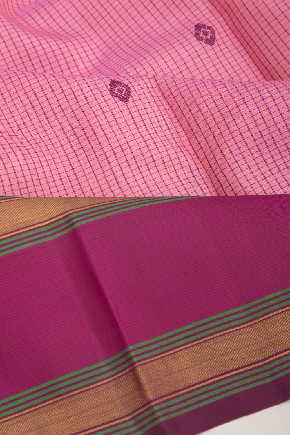 Kanchipuram Silk Checks And Butta Pink Saree