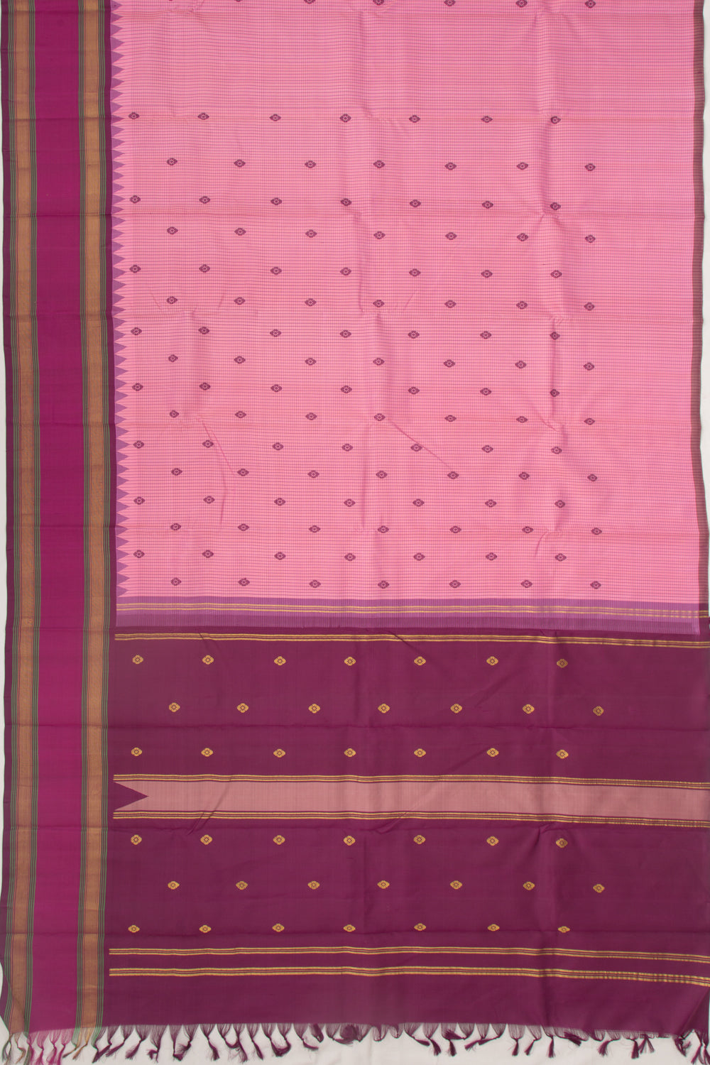 Kanchipuram Silk Checks And Butta Pink Saree