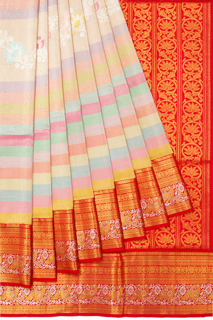 Kanchipuram Silk Tissue Horizontal Lines Multicolour Saree