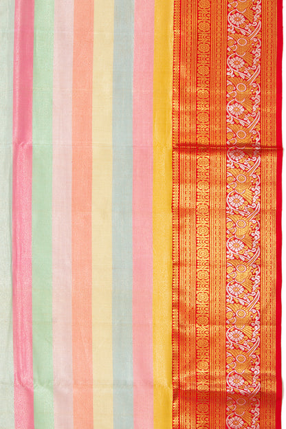 Kanchipuram Silk Tissue Horizontal Lines Multicolour Saree