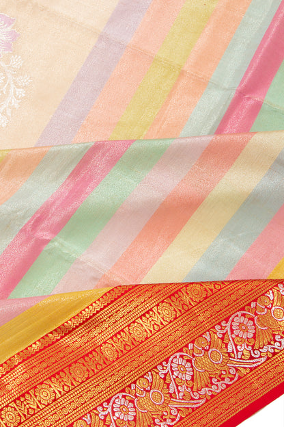 Kanchipuram Silk Tissue Horizontal Lines Multicolour Saree