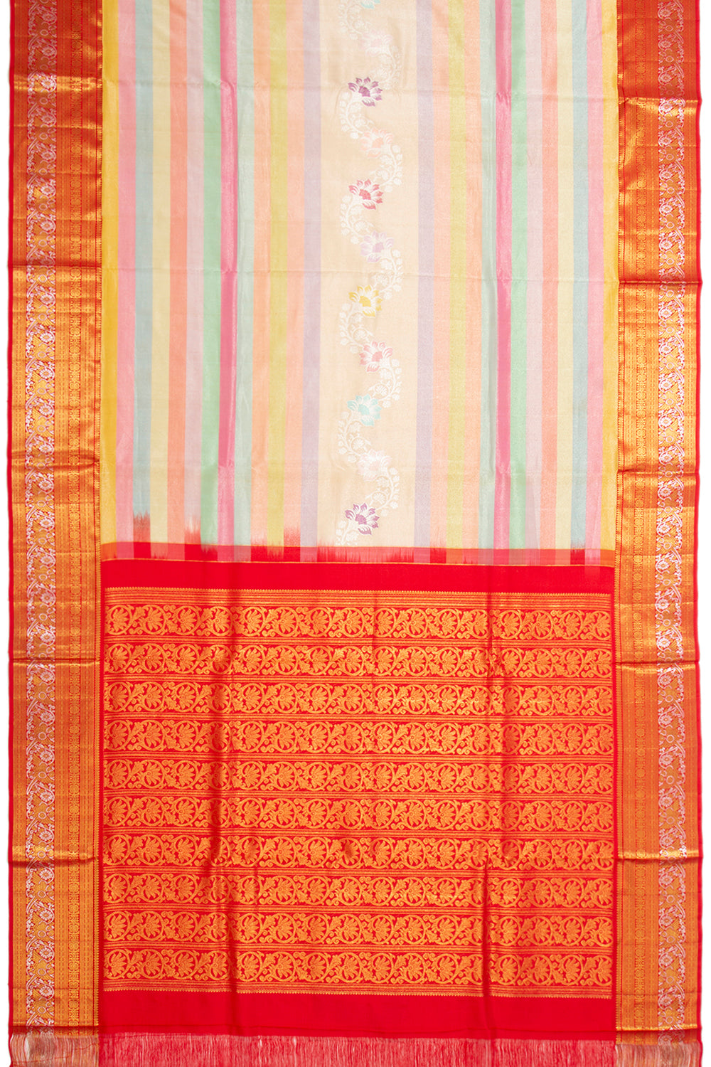 Kanchipuram Silk Tissue Horizontal Lines Multicolour Saree