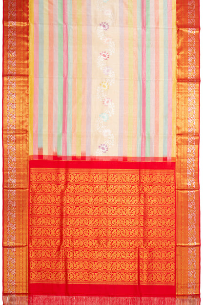 Kanchipuram Silk Tissue Horizontal Lines Multicolour Saree