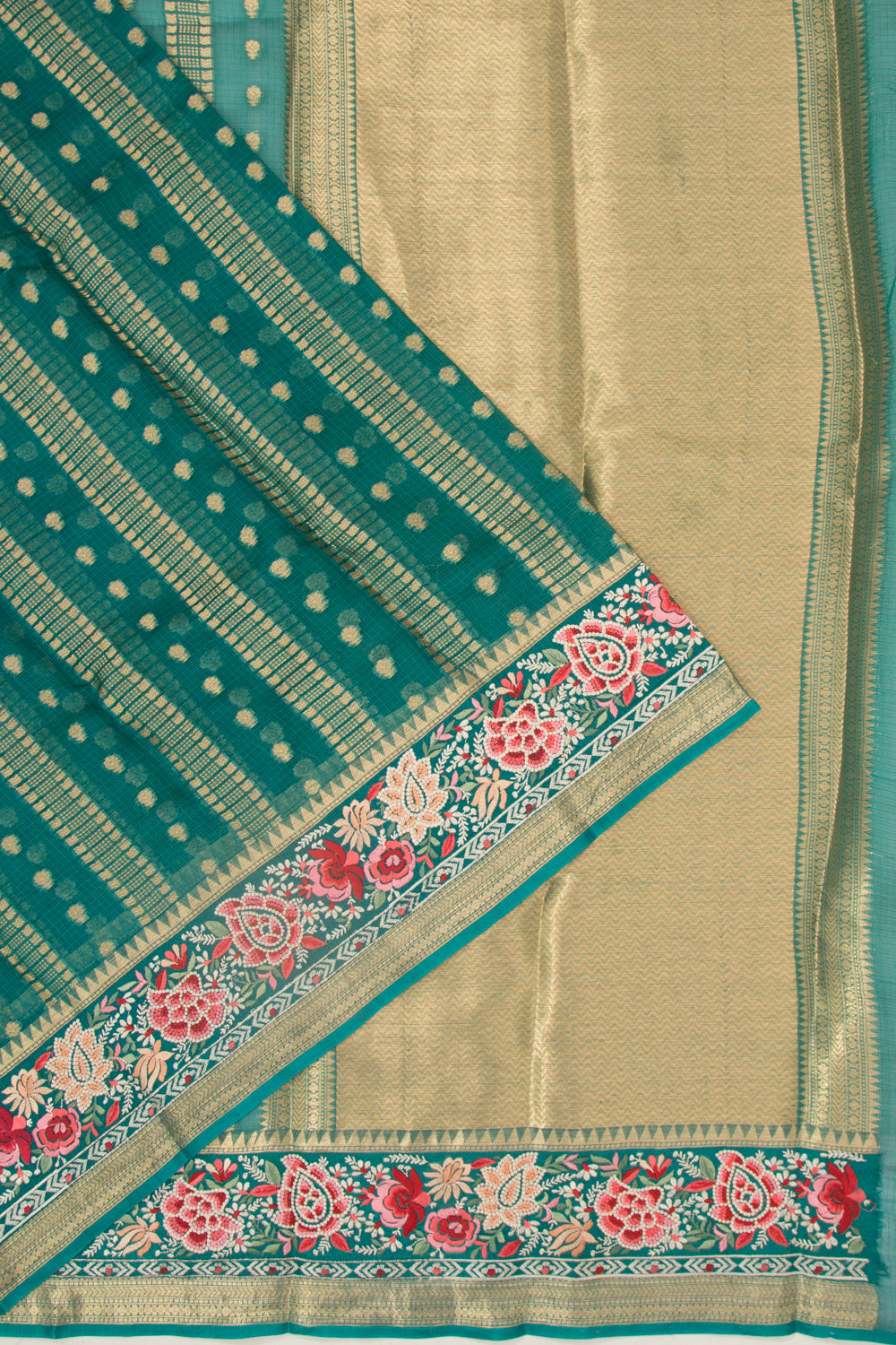 Kota Soft Silk Vertical Lines Teal Green Saree