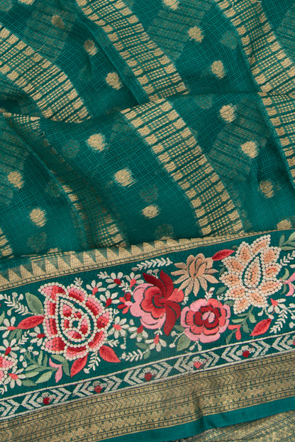 Kota Soft Silk Vertical Lines Teal Green Saree