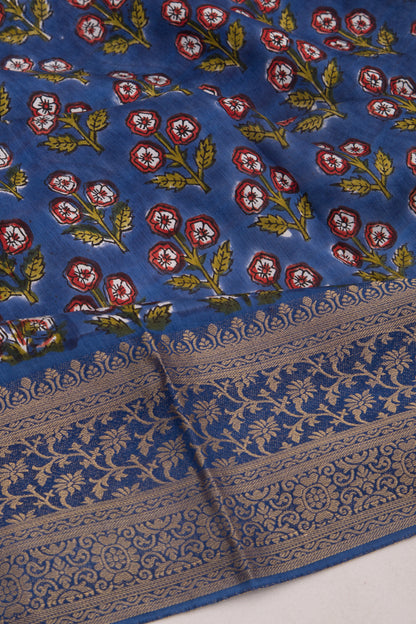 Chanderi Silk Floral Printed Dark Blue Saree