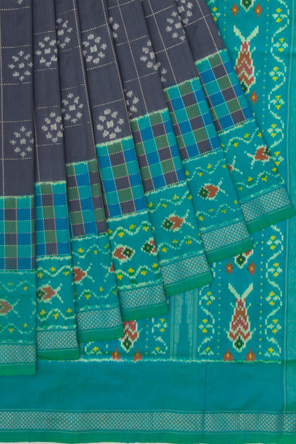 Pochampally Silk Ikat Checks And Butta Elephant Grey Saree