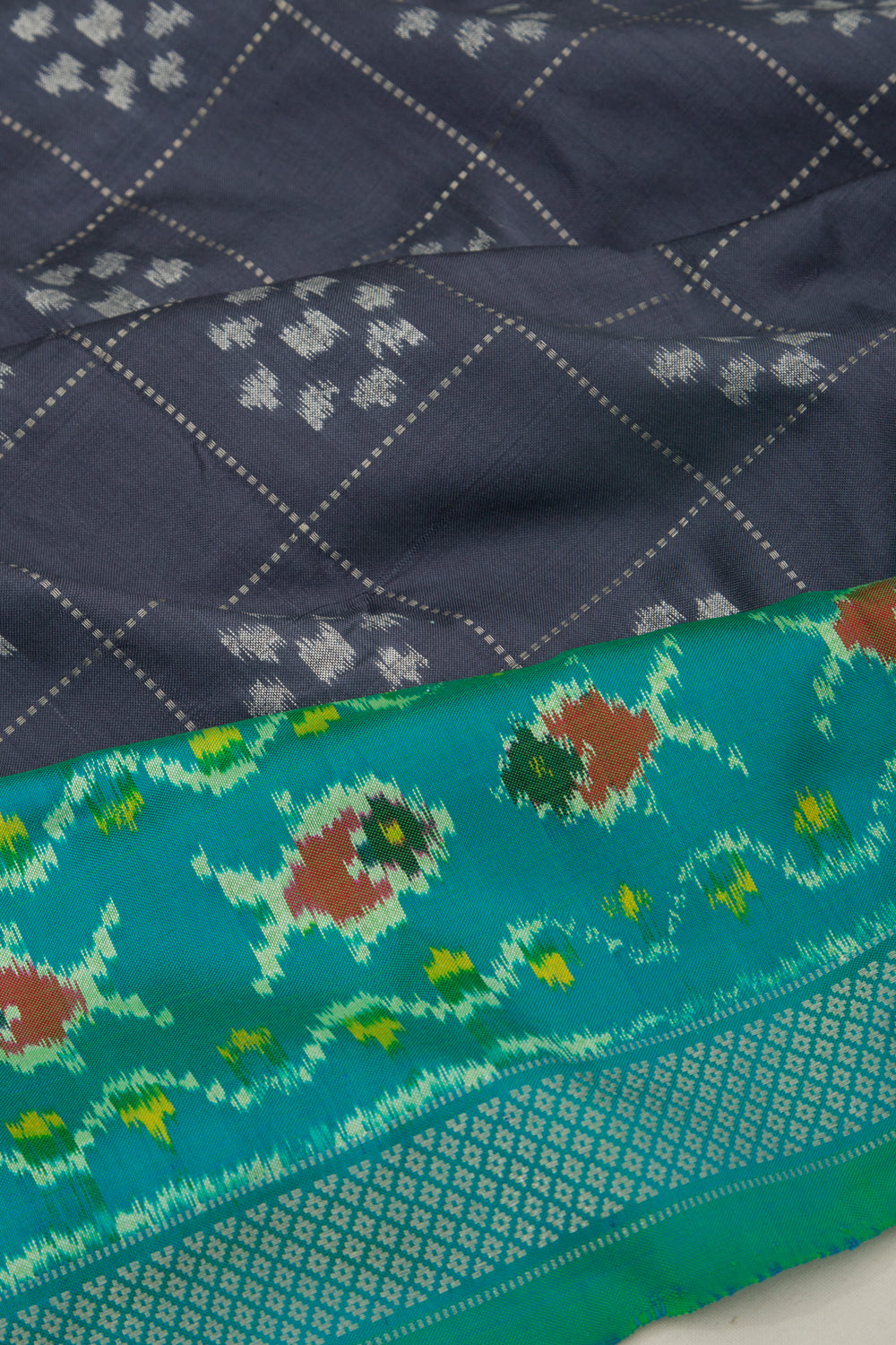 Pochampally Silk Ikat Checks And Butta Elephant Grey Saree