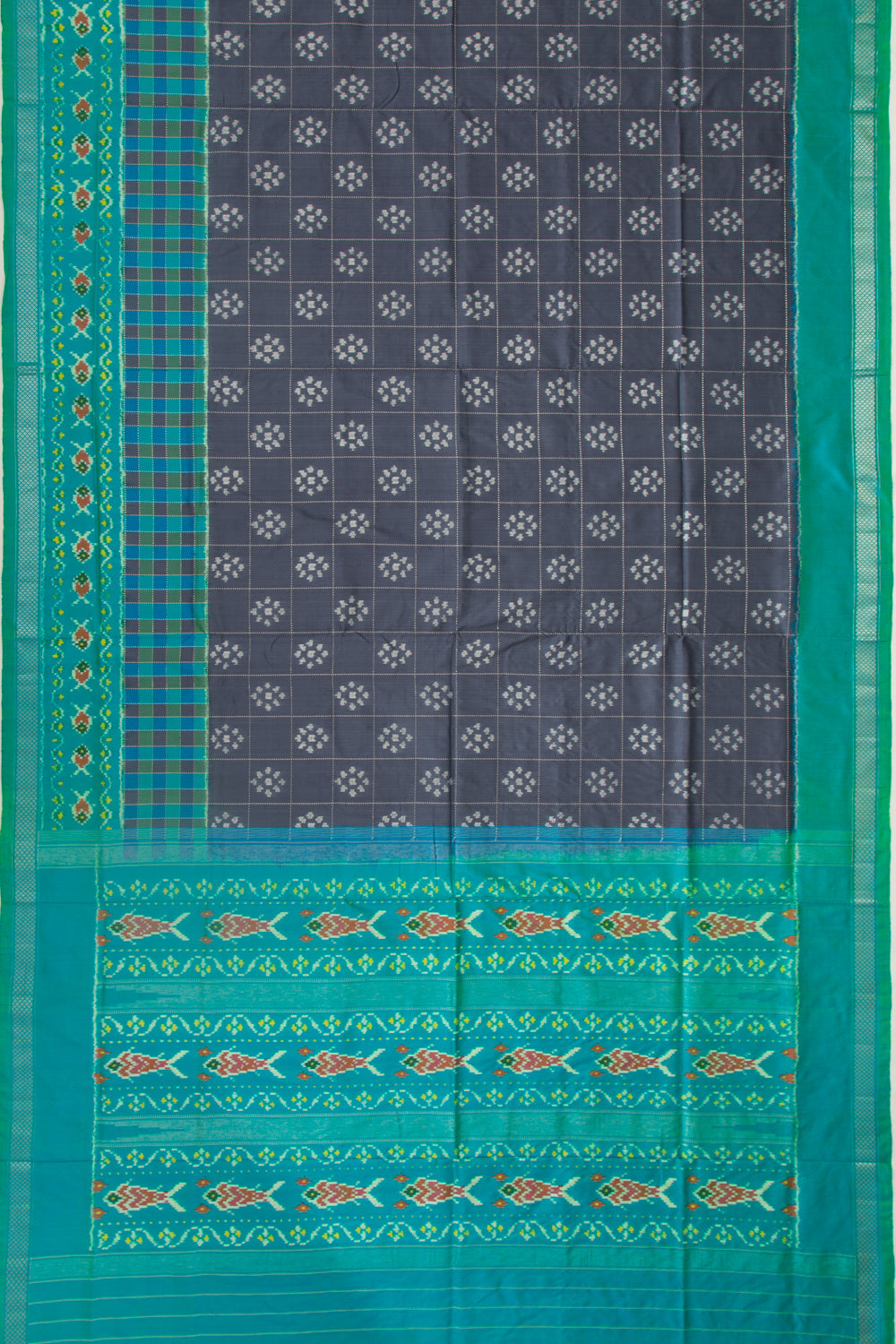 Pochampally Silk Ikat Checks And Butta Elephant Grey Saree