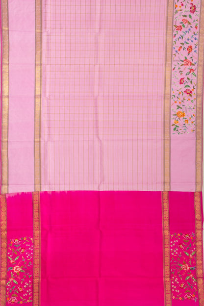 Petit Point Kanchipuram Silk Checks Pink Saree