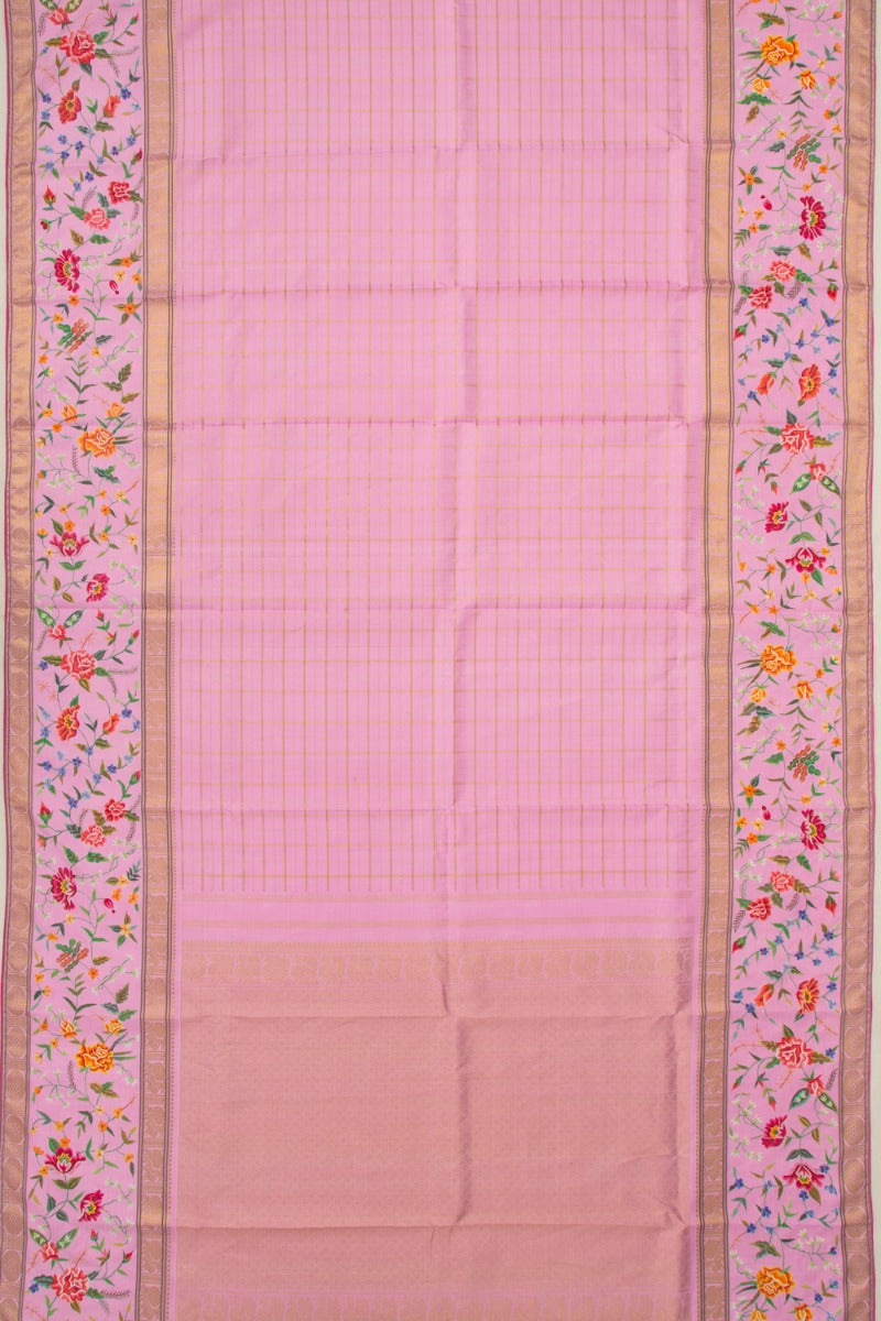 Petit Point Kanchipuram Silk Checks Pink Saree
