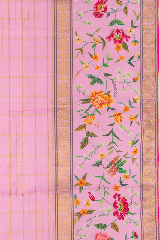 Petit Point Kanchipuram Silk Checks Pink Saree